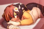  1girl animal_ear_fluff animal_ears animal_nose bags_under_eyes blush body_fur breasts brown_fur brown_hair brown_tail commentary_request egg_hair_ornament feet_out_of_frame food-themed_hair_ornament furry hair_between_eyes hair_ornament hairclip heart kagarimachi_konatsu large_breasts looking_at_viewer lying multicolored_fur multicolored_hair nekotsuki_kohime_(kagarimachi_konatsu) on_side open_mouth orange_hair original plump shadow solo striped_fur tail thick_arms thick_thighs thighs yellow_eyes yellow_fur yellow_tail 