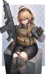  1girl absurdres ahoge armor bangs battle_rifle bike_shorts black_gloves black_shorts blonde_hair blue_eyes braid braided_ponytail commentary commission cz_bren-2_br dated_commentary english_commentary feet_out_of_frame gloves grey_jacket gun hair_over_shoulder headphones headset highres holding holding_gun holding_weapon indie_virtual_youtuber jacket knee_pads leg_holster load_bearing_vest long_hair long_sleeves nine_(kanine41) rifle short_shorts shorts single_braid sitting smile solo thick_thighs thighhighs thighs virtual_youtuber weapon whiskey_project wide_hips 