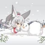  1girl animal_ear_fluff animal_ears bangs barefoot breath chibi commentary_request flying_sweatdrops fox_ears fox_girl fox_tail grey_hair grey_sky hair_between_eyes hair_rings highres holding japanese_clothes kimono leaning_forward long_hair long_sleeves obi open_mouth original outdoors ponytail red_eyes running sash snow snowing snowman solo standing standing_on_one_leg tail very_long_hair white_kimono wide_sleeves yuuji_(yukimimi) |_| 