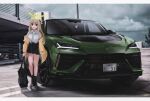 1girl absurdres bag blonde_hair blue_archive car cloud cloudy_sky collared_shirt full_body green_eyes ground_vehicle hair_bun halo highres holding holding_bag id_card jacket lamborghini lamborghini_urus lanyard license_plate long_hair looking_at_viewer motor_vehicle nonomi_(blue_archive) nougat_(73r1r1) open_clothes open_jacket outdoors plaid plaid_skirt pleated_skirt shirt shoes single_hair_bun single_side_bun skirt sky sneakers solo sports_car standing vehicle_focus white_shirt yellow_jacket 