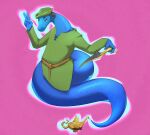 2024 anthro apode blue_body blue_scales clothing dagger draconcopode floating genie gesture green_clothing green_topwear hand_gesture hat headgear headwear hi_res knuciuc legless magic_lamp male melee_weapon naga pink_background reptile scales scalie serpentine simple_background snake snake_naga solo topwear v_sign weapon