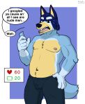  anthro bandit_heeler belly blue_body blue_fur bluey_(series) canid canine canis domestic_dog fur hi_res lewd_latte male mammal narrowed_eyes nipples phone shirtless solo squint 