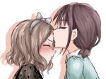  2girls black_dress blue_shirt blush bow_hairband brown_hair chinese_commentary closed_eyes commentary_request dress ebizuka_tomo from_side girls_band_cry grey_hairband hairband iseri_nina kiss kissing_forehead medium_hair multiple_girls parted_lips profile raya_(yuri15923) shadow shirt short_twintails simple_background twintails upper_body white_background yuri 
