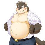  absurd_res anthro belly belt canid canine canis clothing domestic_dog dress_shirt eyebrows flirting hi_res lifewonders male mammal moritaka_(tas) musclegut muscular navel nipples one_eye_closed pecs ruoain shirt solo thick_eyebrows tokyo_afterschool_summoners topwear wink 