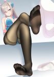  1girl :d animal_ears asuna_(blue_archive) asuna_(bunny)_(blue_archive) between_toes black_pantyhose blue_archive blue_eyes blush breasts crossed_legs feet foot_focus full_body grin highres jkisaradu large_breasts leotard long_hair looking_at_viewer pantyhose playboy_bunny rabbit_ears shoe_dangle shoes sitting smile soles solo steam toes unworn_shoes 