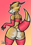  ambiguous_gender anthro big_butt butt butt_focus choker claws clothed clothing davynn fingerless_gloves gloves handwear hi_res horn humanoid jewelry kobold legwear lingerie lizard looking_at_viewer looking_back necklace pupils raised_tail rear_view reptile scales scalie shaded signature simple_background slit_pupils smile solo stockings tail thick_tail thick_thighs wide_hips yellow_body yellow_scales yellow_skin 