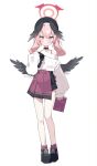  1girl alternate_costume black_collar black_footwear black_hat black_wings blue_archive blush book charm_(object) collar feathered_wings full_body halo hat highres holding holding_book koharu_(blue_archive) long_sleeves looking_at_viewer off_shoulder pink_eyes pink_hair shoes simple_background skirt socks solo standing suimz sweat sweater twintails white_background white_sweater wings 