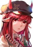  1girl absurdres arknights blunt_bangs cabbie_hat eyebrows_hidden_by_hair hair_ribbon hat highres horns horns_through_headwear long_hair looking_at_viewer necktie open_mouth pointy_ears red_eyes red_hair ribbon shao_(tsfx4342) shirt solo vigna_(arknights) white_shirt 
