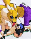  anthro bandai_namco black_sclera blush bodily_fluids breasts clothing digimon digimon_(species) dominant dominant_gynomorph dominant_intersex duo fur gynomorph hi_res intersex intersex/male licking long_tongue male mammal mouse murid murine nipples renamon rodent rotten_owl simple_background tongue tongue_out traditional_media_(artwork) white_background white_body white_fur yellow_body yellow_fur 