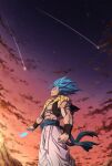  1boy abs absurdres blue_eyes blue_hair clenched_hand dragon_ball dragon_ball_super dragon_ball_super_broly gogeta highres looking_up male_focus metamoran_vest mocky_art muscular muscular_male shooting_star sky smile solo star_(sky) starry_sky sunset super_saiyan super_saiyan_blue 