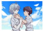  2boys ahoge artist_name blue_sky border brown_eyes brown_hair cloud cloudy_sky collared_shirt commentary crying crying_with_eyes_open day from_side grabbing_another&#039;s_arm grey_hair hands_up hashimo99187365 highres ikari_shinji looking_at_another male_focus multiple_boys nagisa_kaworu neon_genesis_evangelion red_eyes shirt short_hair short_sleeves sky smile tears upper_body white_border white_shirt 