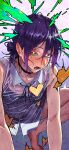  1girl absurdres black_bra black_choker black_panties blush bra breasts chainsaw_man choker commentary erupusai2 green_eyes hair_bun heart highres looking_at_viewer medium_breasts medium_hair naughty_face open_mouth panties purple_hair reze_(chainsaw_man) see-through shirt sleeveless solo symbol-only_commentary underwear wet wet_clothes wet_hair wet_shirt white_background white_shirt 
