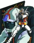  1980s_(style) 1boy aiming aiming_at_viewer amuro_ray beam_rifle cockpit energy_gun grin gundam helmet highres key_visual looking_at_viewer machinery mecha mikimoto_haruhiko mobile_suit mobile_suit_gundam official_art pilot pilot_chair pilot_suit promotional_art retro_artstyle robot rx-78-2 scan science_fiction screen serious smile spacesuit traditional_media v-fin weapon 