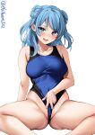  1girl ass ass_visible_through_thighs bangs bare_shoulders blue_eyes blue_hair blue_one-piece_swimsuit blush breasts collarbone competition_swimsuit covered_navel cropped_legs double_bun ebifurya hair_between_eyes hair_bun highres kantai_collection large_breasts looking_at_viewer one-hour_drawing_challenge one-piece_swimsuit open_mouth simple_background smile solo spread_legs swimsuit thighs twitter_username urakaze_(kancolle) wedgie white_background 