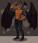 2014 abs anthro biceps black_bottomwear black_clothing black_jeans black_pants boots bottomwear brown_eyes brown_hair canid canine canis clothed clothing cubi_(race) denim denim_bottomwear denim_clothing dobermann domestic_dog dorcan duo flexing flexing_bicep footwear hair head_wings jeans male mammal pants pinscher project_future short_hair simple_background smile sunblink topless wings 