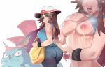 1girl 1other absurdres ass bag blue_pants blue_tank_top bra_strap breasts brown_eyes brown_hair bucket_hat clothes_lift denim drooling english_commentary hat head_out_of_frame hentaly highres holding holding_poke_ball inset jeans lactation leaf_(pokemon) long_hair looking_back medium_breasts messenger_bag narrow_waist navel nipples pants poke_ball poke_ball_(basic) pokemon pokemon_(creature) pokemon_(game) pokemon_frlg shirt_lift shoulder_bag solo_focus tank_top tongue tongue_out venusaur watch wide-eyed wristband wristwatch 