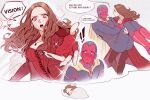  1boy 1girl android animification blush bodysuit brown_hair cape coat couple dreaming english_commentary english_text fingerless_gloves gloves highres long_hair looking_at_viewer marvel marvel_cinematic_universe qin_(7833198) red_bodysuit red_coat red_eyes red_gloves scarlet_witch sleeping vision_(marvel) yellow_cape 