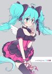  1/6_(vocaloid) 1girl ahoge azurite0012 bangs blue_eyes blue_hair blush bow breasts choker cleavage dress finger_to_cheek floating_hair frilled_dress frills hair_bow hatsune_miku heart heart_ahoge index_finger_raised long_hair mini_wings nail_polish project_diva_(series) ribbon short_sleeves single_wrist_cuff small_breasts smile solo song_name thighhighs twintails very_long_hair vocaloid wings wrist_cuffs wrist_ribbon 