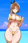  1girl absurdres ass_visible_through_thighs atelier_(series) atelier_ryza atelier_ryza_1 batta_16-sei bikini blue_sky blurry blurry_background braid breasts brown_eyes brown_hair closed_mouth cloud cowboy_shot curvy day gold_bikini groin hair_ribbon highres horizon large_breasts looking_at_viewer micro_bikini navel ocean outdoors reisalin_stout ribbon sky smile solo standing swimsuit thick_thighs thigh_gap thighs underboob wide_hips 