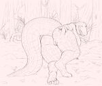  2023 absurd_res alligator alligatorid anthro big_butt big_tail black_and_white butt butt_grab crocodilian detailed_background digital_drawing_(artwork) digital_media_(artwork) eyelashes female forest full-length_portrait genitals hand_on_butt hand_on_own_butt hi_res huge_butt huge_tail huge_thighs inviting kneeling long_tail looking_at_viewer mcdoogiy monochrome nude_anthro nude_female olivia_(doctordj) open_mouth open_smile outside plant plantigrade portrait presenting presenting_hindquarters presenting_pussy pussy rear_view reptile scales scalie scaly_tail signature sketch smile solo spread_butt spreading tail tail_aside thick_tail thick_thighs tree 