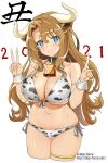  1girl 2021 animal_collar animal_ears animal_print armlet bangs bell bikini black_collar blue_eyes breasts brown_hair chinese_zodiac cleavage closed_mouth collar commentary_request cow_ears cow_girl cow_horns cow_print cowbell cowboy_shot cropped_legs halterneck highres horns index_finger_raised kimura_shigetaka large_breasts long_hair looking_at_viewer navel neck_bell new_year original partial_commentary print_bikini side-tie_bikini_bottom simple_background skindentation smile solo standing swimsuit thighlet translated v very_long_hair w_arms watermark web_address white_background white_bikini wrist_cuffs year_of_the_ox 