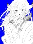  1girl alien_girl_(isei_ni_ikou_ne) ariyoyo bangs blue_background blush cardigan_partially_removed floating_hair greyscale hair_over_face horns isei_ni_ikou_ne_(iyowa) light_smile long_sleeves looking_at_viewer messy_hair monochrome neckerchief open_mouth sailor_collar school_uniform serafuku sketch solo spot_color swept_bangs tareme upper_body wind wind_lift 