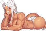  1girl absurdres animal_ear_fluff animal_ears artist_name ass biceps boku_no_hero_academia breasts commentary dark-skinned_female dark_skin elbow_rest got_ji_(gojich1) grin hand_on_own_cheek hand_on_own_face head_rest highres large_breasts light_blush long_eyelashes long_hair looking_at_viewer lying mirko muscular muscular_female on_stomach panties parted_bangs rabbit_ears rabbit_girl rabbit_tail red_eyes simple_background smile solo string_panties symbol-only_commentary tail thong topless underwear white_background white_hair white_panties 