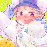  1boy axis_powers_hetalia bird blush buttons chibi coat gilbird gloves holding holding_snowball male_focus nose_blush open_mouth prussia_(hetalia) rbht red_eyes snow snowball tooth white_coat white_hair winter_clothes winter_hat 