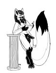  animal_genitalia anthro black_and_white black_body black_eyes black_fur black_hair book canid canine erection eyewear fluffy fox fur genitals glasses hair hi_res khopesh knot line_art looking_at_viewer male mammal melee_weapon monochrome pinup pose reading sheath simple_background solo spoogiehowl sword weapon white_body white_fur 