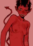  2018 azuza black_hair breasts dated female front_view hair half-length_portrait horn humanoid messy_hair nipples not_furry nude one_eye_closed open_mouth portrait red_body red_horn red_nipples red_tail red_theme sharp_teeth short_hair signature simple_background small_breasts solo spade_tail tail teeth yellow_teeth 