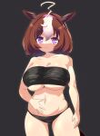  1girl :3 ahoge animal_ears bandeau black_bandeau black_panties blush breasts brown_hair closed_mouth commentary_request cowboy_shot gachimuchi grey_background hair_between_eyes hairband hand_on_own_stomach highres horse_ears horse_girl horse_tail large_breasts lets0020 looking_at_viewer medium_bangs medium_hair meisho_doto_(umamusume) multicolored_hair navel panties pink_hairband purple_eyes simple_background smile solo tail two-tone_hair umamusume underwear v-shaped_eyebrows white_hair 