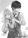  1boy 1girl 3: apron artist_name back_bow bangs blurry bokeh bow bowtie clenched_hand closed_mouth collared_shirt company_name copyright copyright_name cowboy_shot depth_of_field dot_nose eyes_visible_through_hair frown fujimiya_amane furrowed_brow greyscale hair_between_eyes hair_ornament hair_scrunchie hand_on_own_chest hands_on_another&#039;s_shoulders hands_up hanekoto height_difference highres light_particles long_hair long_sleeves looking_at_viewer looking_to_the_side low-tied_long_hair monochrome necktie official_art otonari_no_tenshi-sama_ni_itsu_no_mani_ka_dame_ningen_ni_sarete_ita_ken parted_lips plaid plaid_necktie plaid_skirt pleated_skirt school_uniform scrunchie shiina_mahiru shirt skirt sleeve_cuffs sleeves_rolled_up standing sweat very_long_hair w_arms wing_collar 