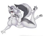  4_toes 5_fingers anthro big_breasts breasts canid canid_demon canine canis demon domestic_dog feet female fingers foxgumie grey_hair hair hellhound helluva_boss hi_res loona_(helluva_boss) mammal mythological_canine mythological_creature mythology solo tail toes white_body 