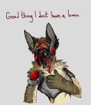  anthro blood bodily_fluids brown_body dialogue digital_media_(artwork) english_text fur gore hair hyena jeffusherb johmn machine male mammal open_mouth pixel_(artwork) protogen red_eyes screen screen_face simple_background smile solo spotted_hyena teeth text 