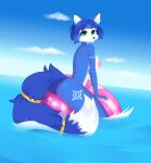  anthro areola blue_body breasts butt canid canine day female fiamourr fox green_eyes hi_res krystal looking_at_viewer mammal nintendo nipples outside solo star_fox water white_body 