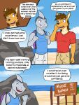  anthro backpack beach canid canine canis clothed clothing comic coyote dialogue duo english_text fish fully_clothed fuze hi_res ian_dela_cruz male male/male mammal marine mond_reyes seaside shark shirt t-shirt tank_top texnatsu text topwear 