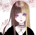  1girl bangs black_choker black_shirt blonde_hair blunt_bangs blush brown_hair choker colored_lineart cross cross_necklace fingernails flower frilled_choker frills hair_over_shoulder jewelry lineart long_hair looking_at_viewer mole mole_under_eye multicolored_hair nail_polish necklace nose_blush original pale_skin parted_lips pink_lips portrait purple_eyes purple_nails rokuri-eva rose shirt simple_background solo straight_hair two-tone_choker two-tone_hair upper_body white_background white_choker 
