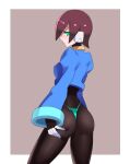  1girl aile_(mega_man_zx) ass blush bodysuit breasts brown_hair closed_mouth gloves green_eyes long_sleeves looking_at_viewer mega_man_(series) mega_man_zx robot_ears short_hair simple_background skin_tight solo spandex thong ukimukai 