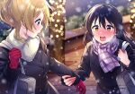  2girls ayase_eli bangs black_coat blonde_hair blue_eyes blue_hair blush coat commentary_request gloves highres long_hair long_sleeves looking_at_another love_live! love_live!_school_idol_project multiple_girls nanatsu_no_umi open_mouth ponytail red_gloves scarf sonoda_umi swept_bangs winter_clothes winter_coat yellow_eyes yuri 