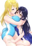  2girls ayase_eli bangs between_breasts blonde_hair blue_eyes blue_hair blush breasts commentary_request competition_swimsuit face_between_breasts face_to_breasts head_between_breasts highres hug long_hair looking_at_another love_live! love_live!_school_idol_project multicolored_clothes multicolored_swimsuit multiple_girls nanatsu_no_umi one-piece_swimsuit ponytail simple_background smile sonoda_umi swept_bangs swimsuit white_background yuri 