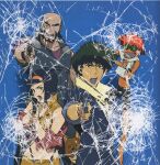  2girls barefoot cowboy_bebop edward_wong_hau_pepelu_tivrusky_iv ein_(cowboy_bebop) faye_valentine gun hairband holding holding_gun holding_weapon jet_black kawamoto_toshihiro multiple_girls official_art open_mouth orange_hair orange_hairband prosthesis prosthetic_arm scan scar scar_across_eye spike_spiegel weapon welsh_corgi 