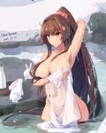  1girl arm_behind_head arm_up armpits artist_name bare_shoulders bathing breasts brown_eyes brown_hair cleavage closed_mouth dated hair_between_eyes hair_intakes highres himeyamato kantai_collection large_breasts naked_towel onsen outdoors partially_submerged rabbit signature smile snow solo towel wading yamato_(kancolle) 
