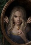  1girl blonde_hair blue_dress blue_eyes dress gem gwent_(game) highres ildiko jewelry long_hair looking_at_mirror looking_at_viewer mirror necklace pov pov_hands ring the_witcher_(series) 