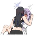  2girls atsuko_(blue_archive) black_hair black_pants black_tank_top blue_archive blue_hair blush commentary_request crop_top halo hand_on_another&#039;s_back hand_on_another&#039;s_leg highres korean_commentary long_hair looking_at_another multicolored_hair multiple_girls pants purple_hair red_eyes saori_(blue_archive) shadow shirt simple_background streaked_hair sweat tank_top white_background white_shirt yuri zhdyalba 
