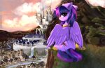  2022 absurd_res building castle chest_tuft clothing cloud cutie_mark ear_tuft empress-twilight equid equine eyebrow_through_hair eyebrows feathered_wings feathers female feral footwear friendship_is_magic fur grass hair hasbro hi_res horn house looking_back mammal mountain my_little_pony outside plant princess_twilight_sparkle_(mlp) purple_body purple_eyes purple_feathers purple_fur purple_hair purple_tail shoes sitting smile solo tail translucent translucent_hair tuft twilight_sparkle_(mlp) water waterfall winged_unicorn wings 