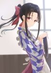  1girl apron bangs black_hair blurry blurry_background bow eyelashes frilled_apron frills hair_bow head_tilt highres holding holding_tray indoors japanese_clothes kaguya-sama_wa_kokurasetai_~tensai-tachi_no_renai_zunousen~ kanaria_hisagi kimono light_blush long_hair long_sleeves looking_at_viewer looking_to_the_side multicolored_clothes multicolored_kimono parted_lips patterned_clothing ponytail red_bow red_eyes shinomiya_kaguya short_eyebrows sidelocks solo standing straight_hair surprised tray white_apron wide_sleeves window 