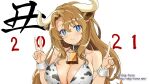  1girl 2021 animal_collar animal_ears animal_print armlet bangs bell bikini black_collar blue_eyes breasts brown_hair chinese_zodiac cleavage closed_mouth collar commentary_request cow_ears cow_girl cow_horns cow_print cowbell halterneck horns index_finger_raised kimura_shigetaka large_breasts looking_at_viewer neck_bell new_year original print_bikini simple_background smile solo swimsuit translated upper_body v watermark web_address white_background white_bikini wrist_cuffs year_of_the_ox 