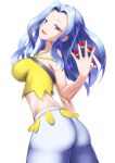  1girl ass bangs bare_arms bare_shoulders blue_hair breasts collarbone crop_top grey_eyes highres holding holding_poke_ball karen_(pokemon) large_breasts light_blue_hair long_hair midriff pants parted_bangs poke_ball poke_ball_(basic) pokemon pokemon_(game) pokemon_hgss sideboob simple_background solo tattuuy wavy_hair white_background white_pants yellow_crop_top 