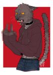  2018 angry anthro artist_logo azuza black_collar blue_bottomwear blue_clothing blue_pants border bottomwear brown_body brown_clothing brown_fur brown_hoodie brown_topwear clothed clothing collar dated denim denim_clothing domestic_cat ears_back empty_eyes fangs felid feline felis female fur half-length_portrait head_tuft hi_res hoodie jeans logo mammal midriff notched_ear open_mouth orange_eyes pants pivoted_ears pixelated portrait reaction_image red_background sharp_teeth simple_background solo standing teeth topwear tuft white_border 