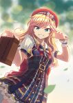  1girl absurdres bag belt beret blonde_hair blue_eyes blurry blurry_background blush commentary_request dress earrings grin hat highres holding holding_bag idolmaster idolmaster_cinderella_girls jewelry leaf long_hair looking_at_viewer mmmx_(fittails) ohtsuki_yui plaid plaid_dress red_headwear salute school_bag shirt shirt_under_dress short_dress smile solo two-finger_salute white_shirt wrist_cuffs 